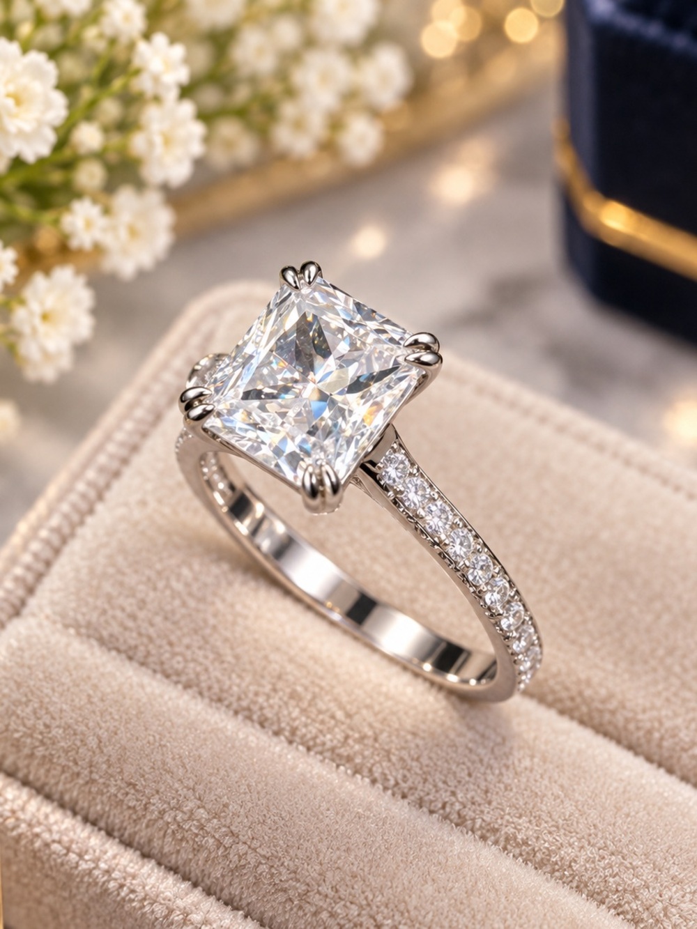 White Princess-Cut AAA CZ Pave Solitaire Engagement Ring. Size 8